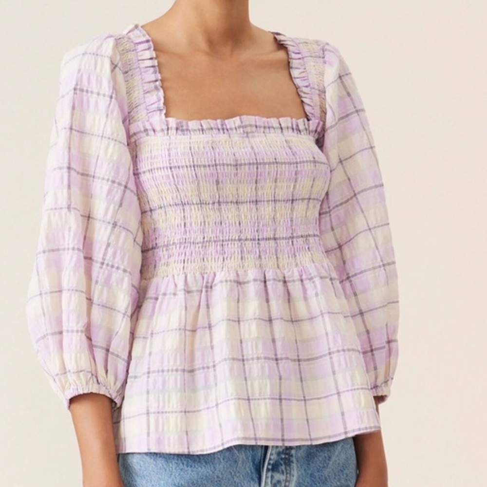 Ganni Smocked Seersucker Plaid Shirt Sz. 38